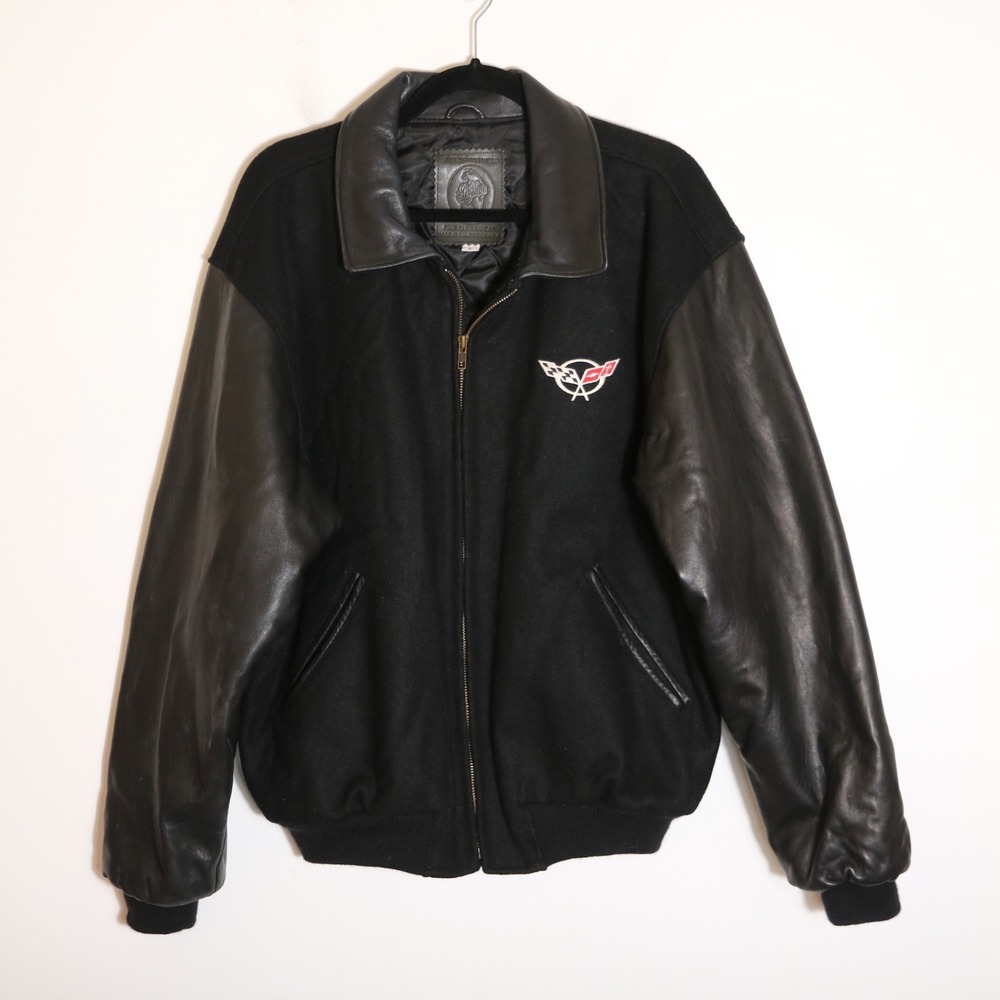 Golden Bear Corvette C5 90s Y2K Virgin Wool Leather Bomber Mens‎ Large USA Black